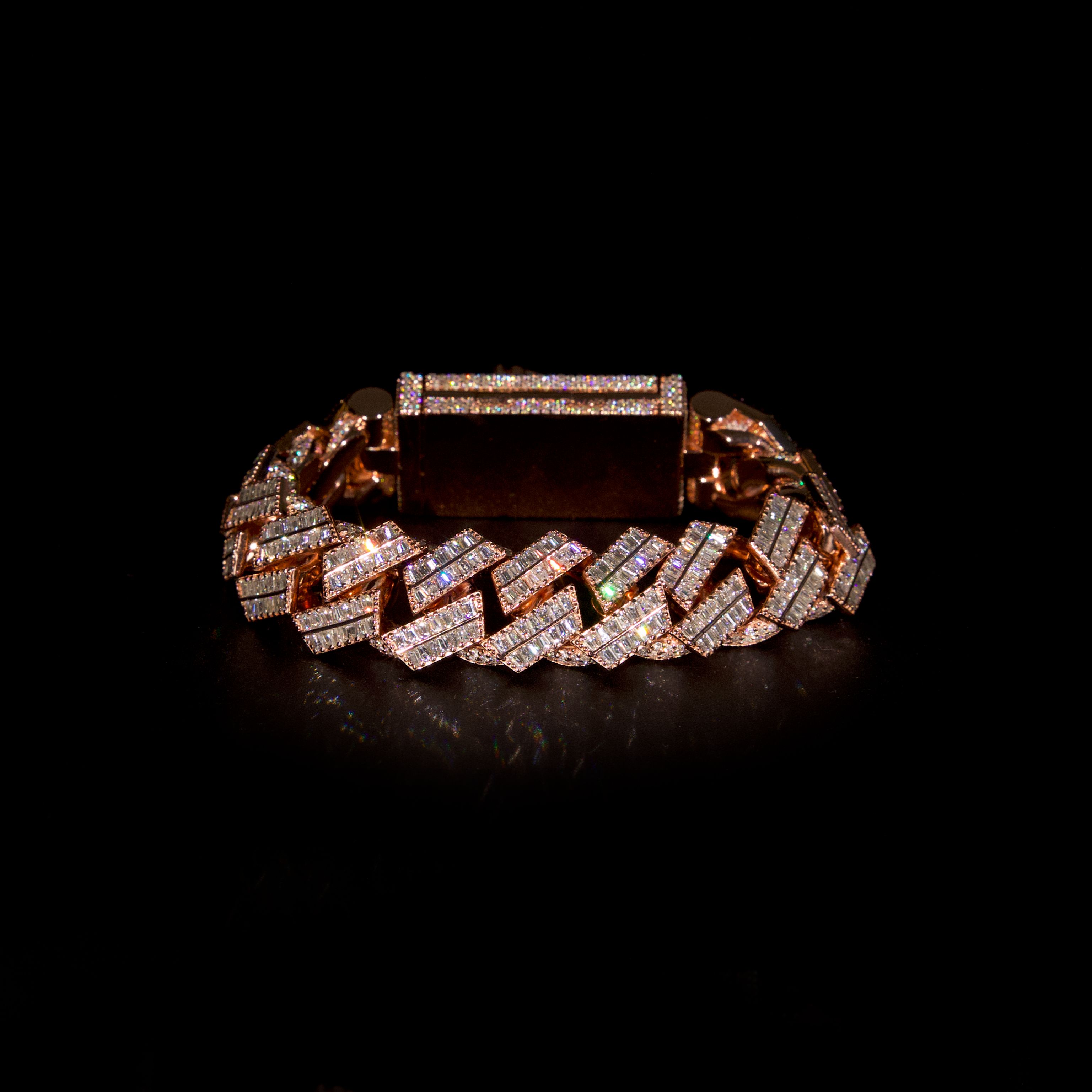 Rose Gold Link Bracelet, 20mm Emerald-Cut Cuban Link Chain (Silver)