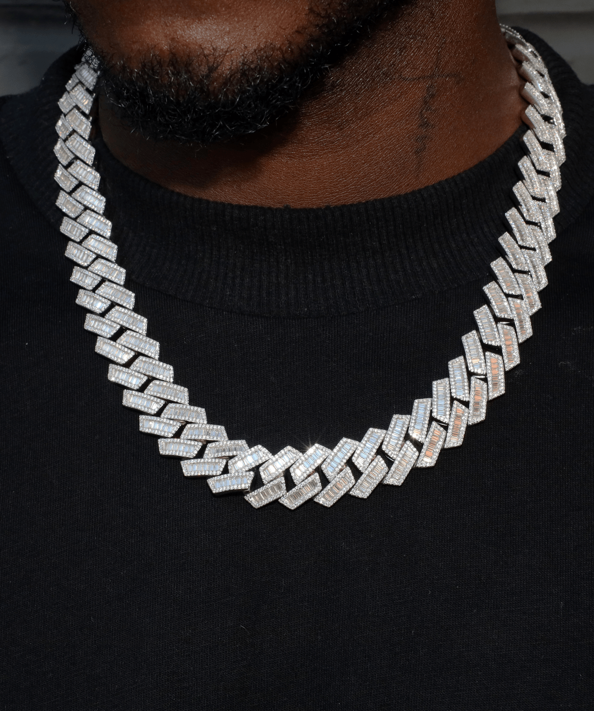 Men's Silver Chain, 19mm Baguette Cuban Link Chain (Silver)