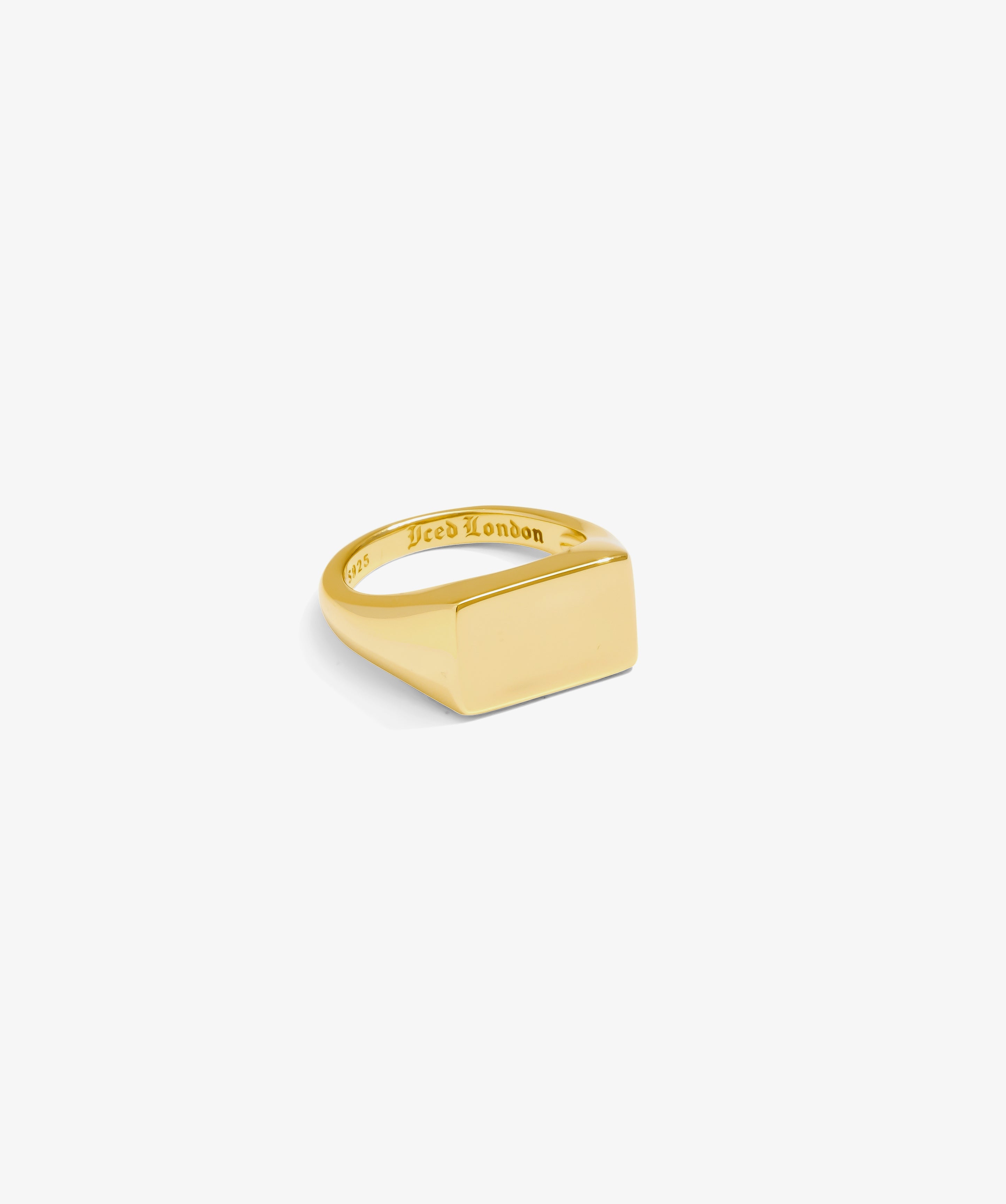 ICED London gold-tone signet ring with a flat square face and inner engraving reading “ICED London.”