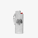 ICED London crystal-encrusted lighter with a silver floral emblem, red flint, and chrome chain charm.