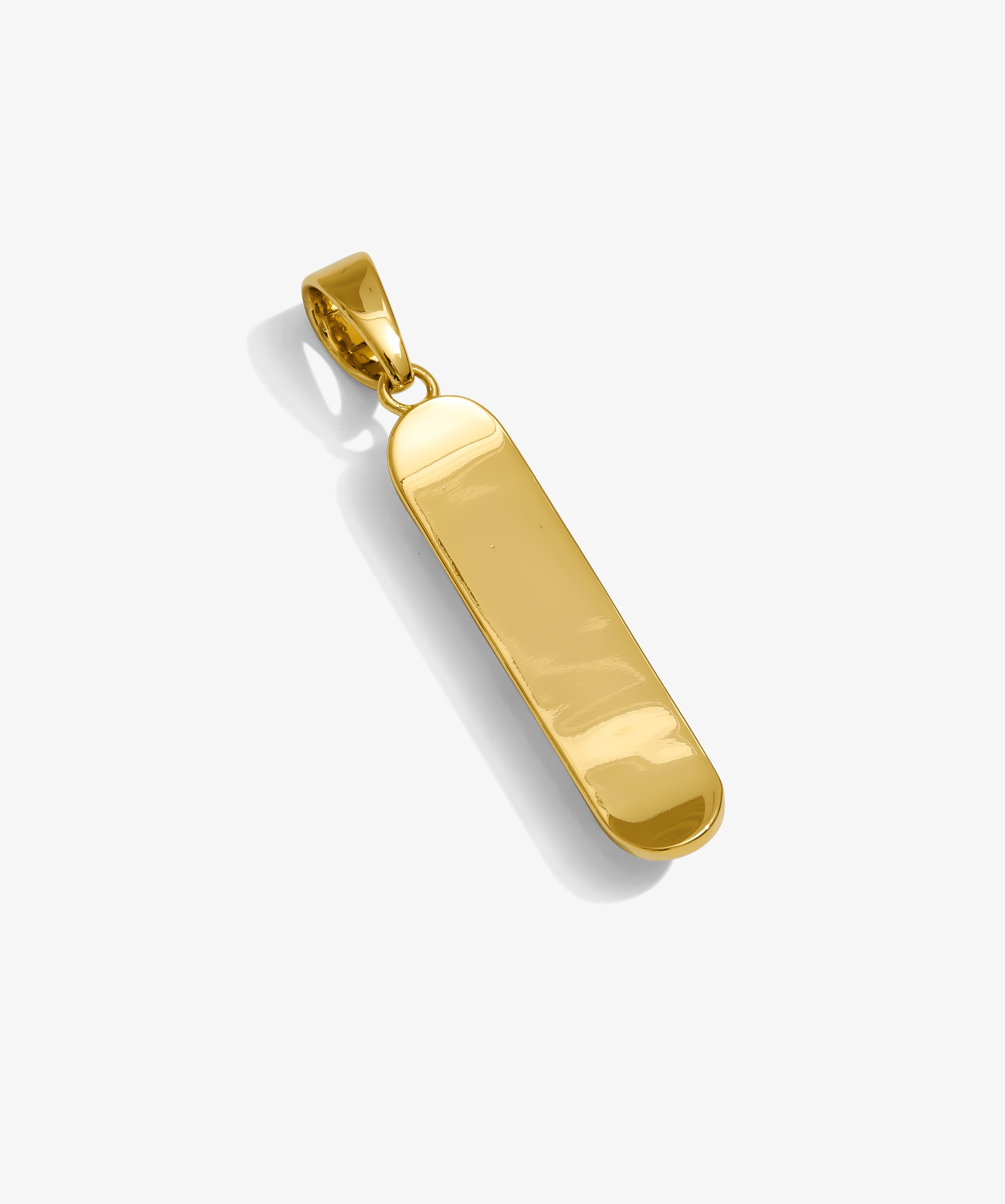 ICED London gold pendant: polished rectangular bar on a bail, shiny yellow-gold jewelry isolated on white.