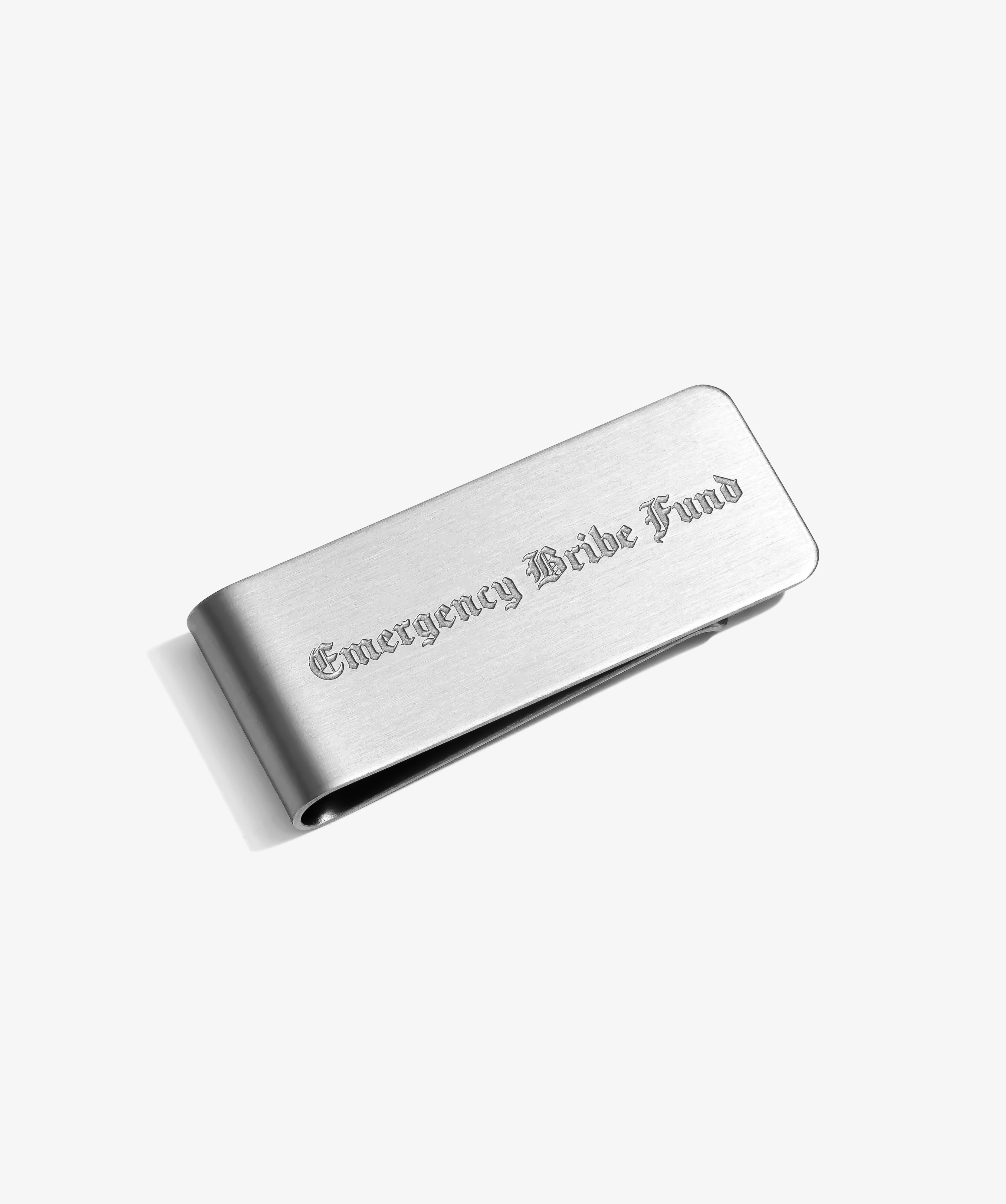 ICED London brushed-silver metal card with engraved text: “Emergency Bribe Fund.”