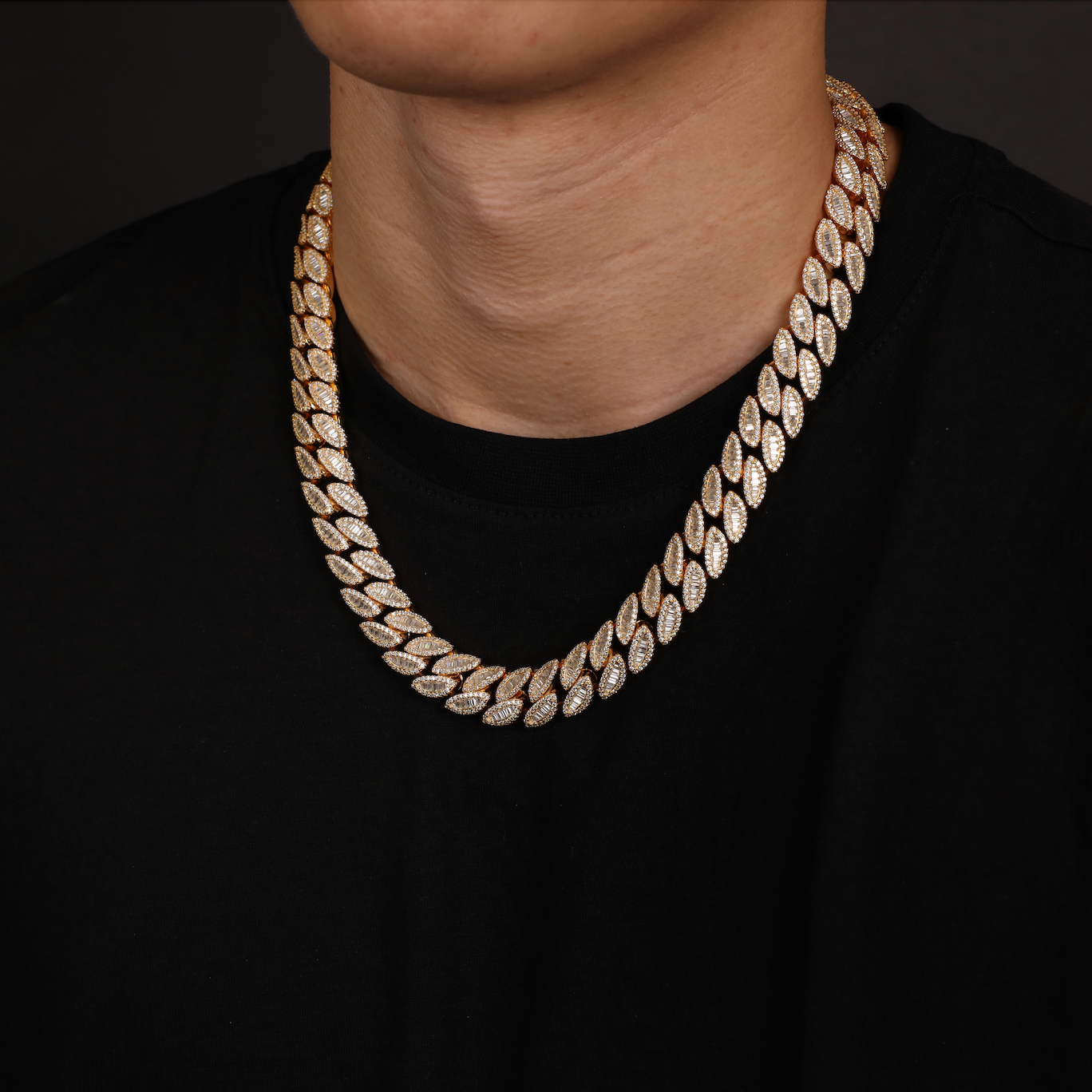 Luxury Cuban Chain, 16mm Oval Baguette Cuban Link Chain (Gold)