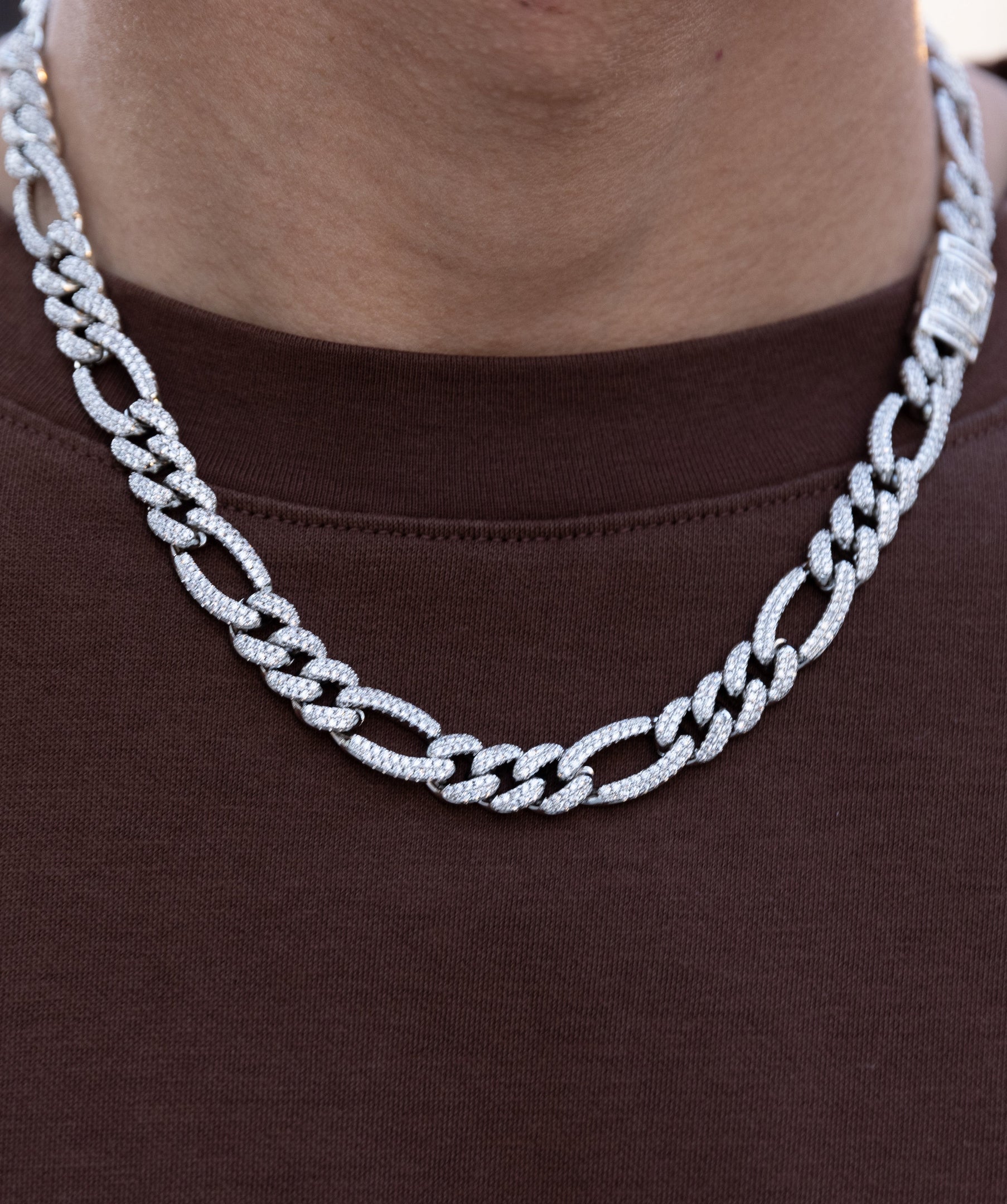Iced Figaro Necklace, 11mm Iced Figaro Necklace in White Gold
